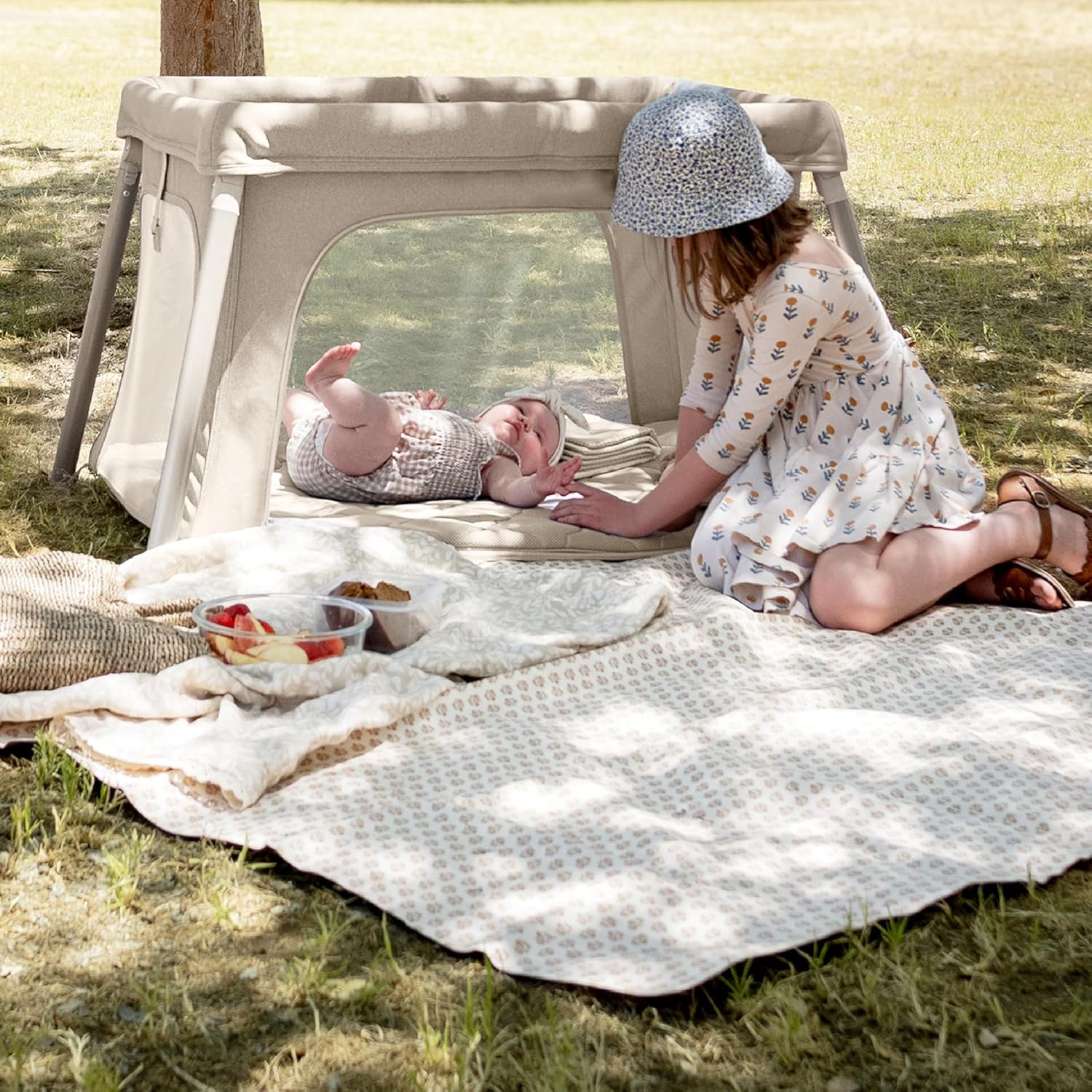Newton Baby Compact Travel Crib & Play Yard | Breathable & Washable Mattress, Foldable Carry-On Size, Backpack Straps, Sand, Newton Bassinet Attachment NOT Included or Compatible