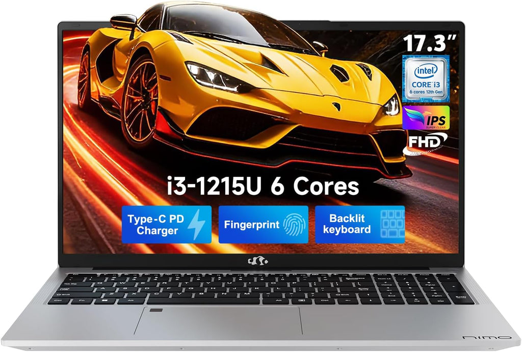 NIMO 17.3" Laptop, Intel 6 Cores I3-1215U (Up to 4.4GHz, Beat R5 7520U), 8GB RAM 128GB SSD, 65W Fast PD 180° Viewing Wi-Fi 6 Backlit Keyboard Computer for Business Work Creator Student Study and Home