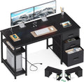 AODK 51 Inch Computer Desk with Fabric Drawers & USB Power Outlets, Reversible Home Office Desk with Storage Shelves, Work from Home, Modern Work/Writing/Study Table for Bedroom, Black
