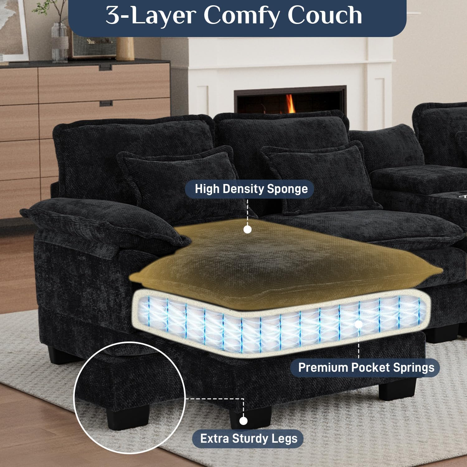 133" Oversized U Shaped Cloud Couch Modular Sectional Couches for Living Room Comfy Chenille Deep Seat Sofa Set with Double Chaise Lounge, Storage Central Console, Cup Holders, USB Port, Dark Black