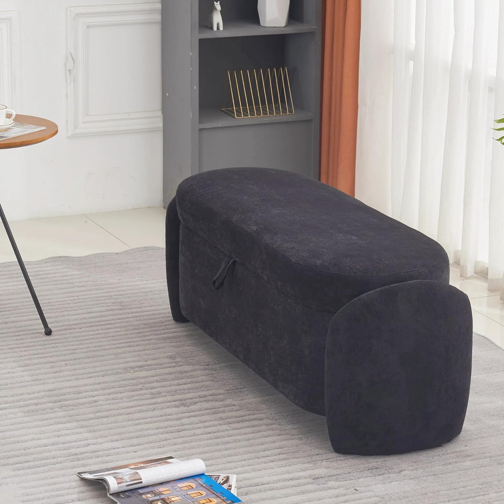 MCombo Linen Upholstered Ottoman with Hidden Storage, Padded Footstool Bench with Soft-Close Lid for Bedroom, Entryway & Living Room Décor, Model W713 (Dark Blue)