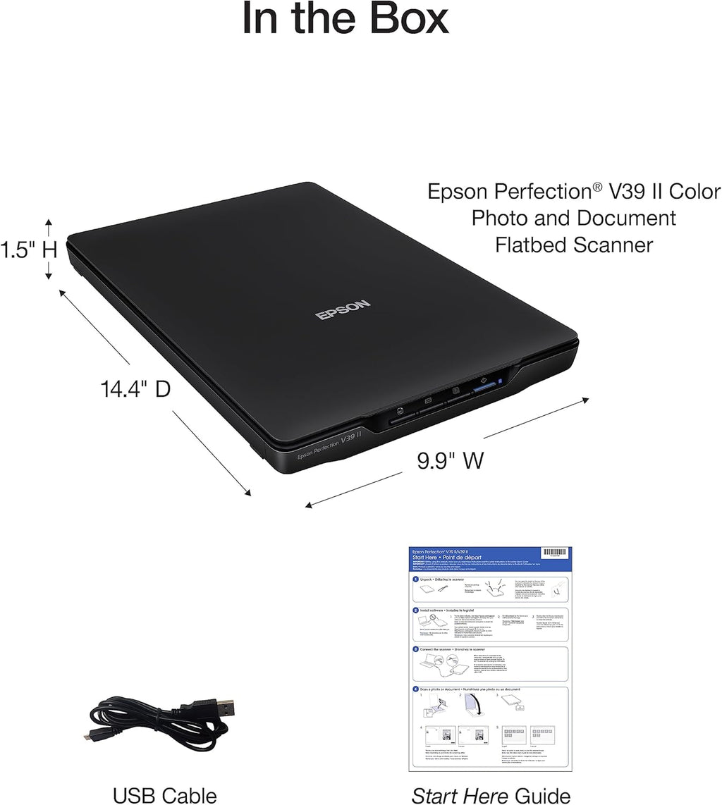 Epson - Perfection V39 II - Color Photo, Tax Receipt & Document Flatbed Scanner - 4800 dpi Optical Resolution - High-Rise, Removable Lid - Scan to Cloud - USB Power - Image Scanning - Black