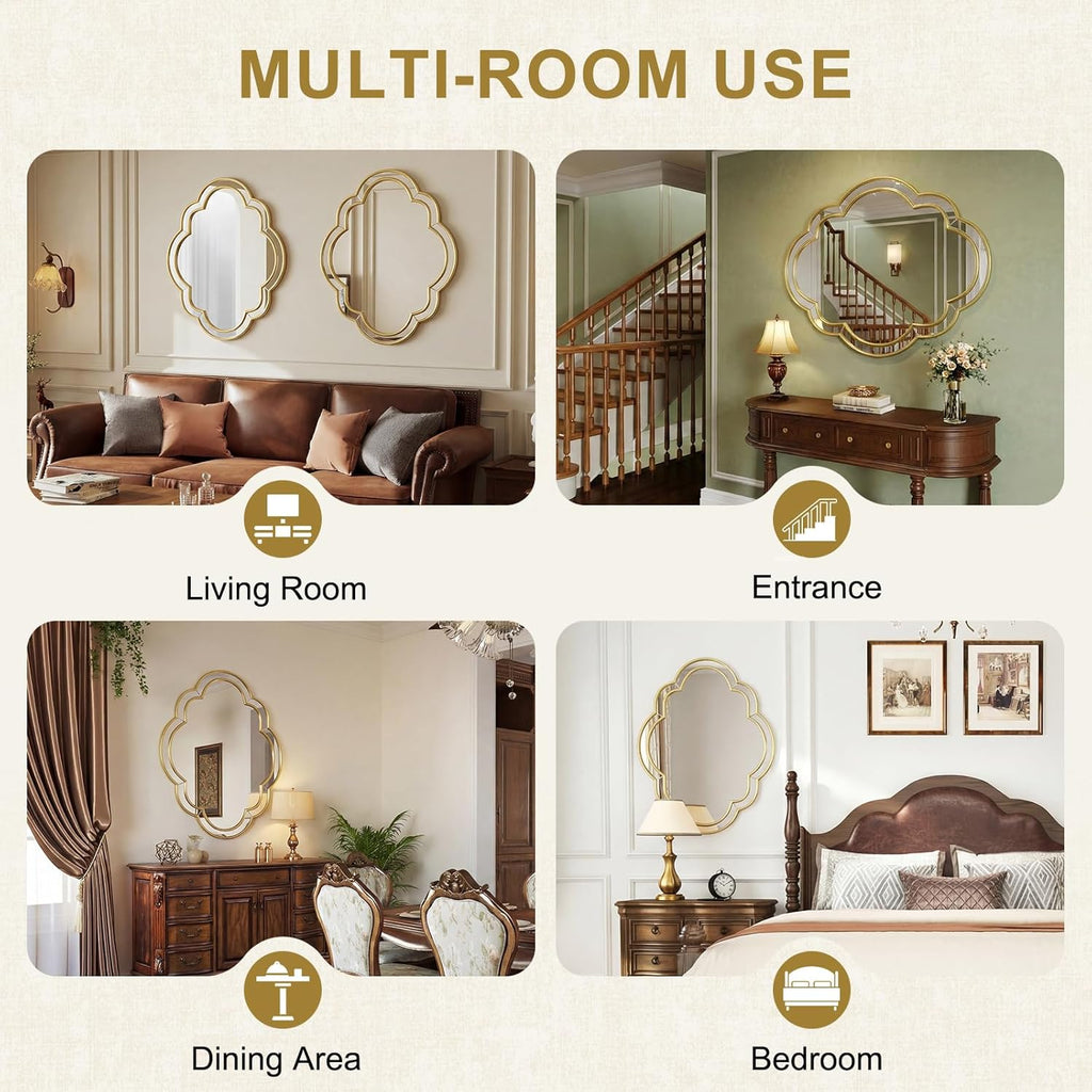 CozyDH Gold Scalloped Wall Mirror Decor - 32"x24" Decorative Wavy Mirror Large, Decorative Wall Art for Bathroom Entryway Fireplace Living Room Bedroom Hallway