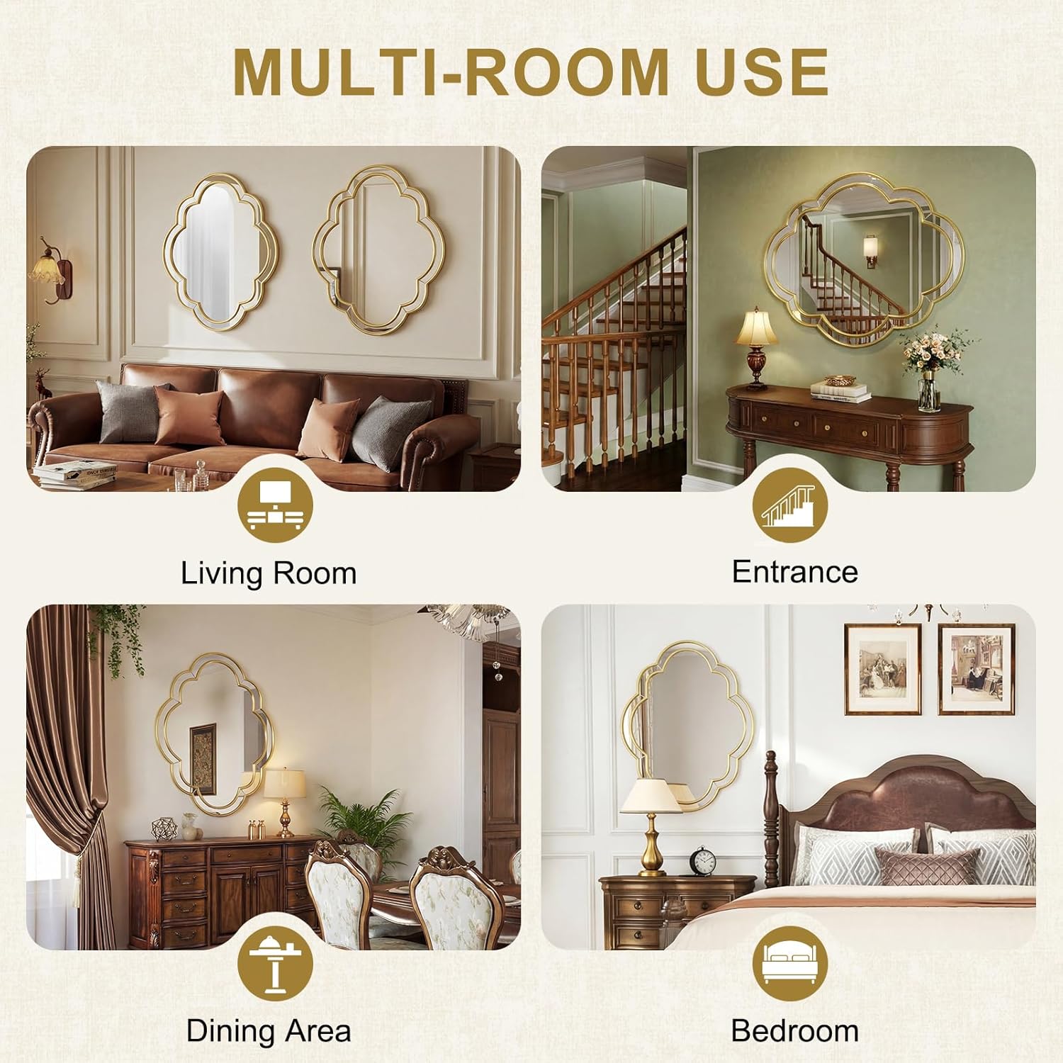 CozyDH Gold Scalloped Wall Mirror Decor - 32"x24" Decorative Wavy Mirror Large, Decorative Wall Art for Bathroom Entryway Fireplace Living Room Bedroom Hallway
