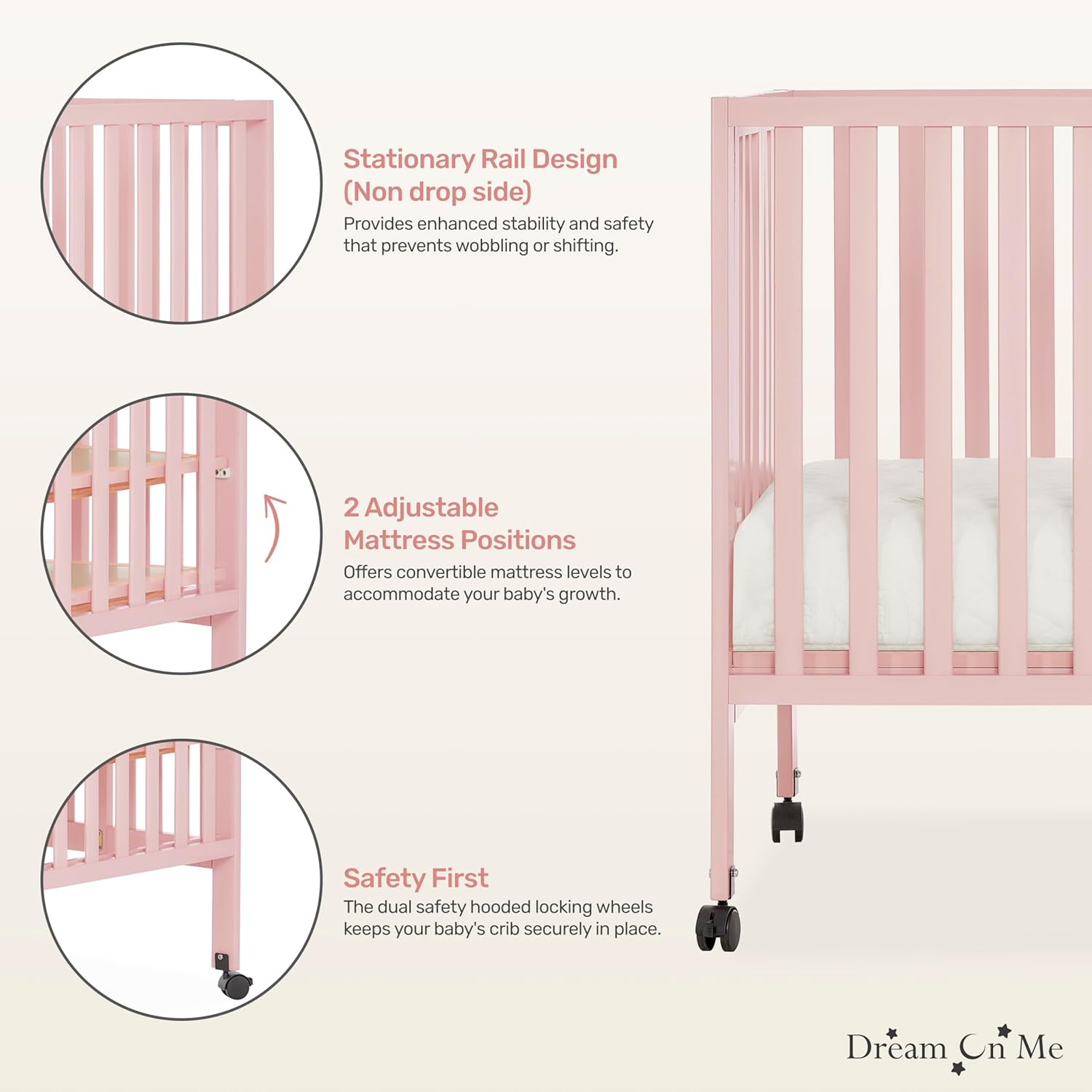 Dream On Me Quinn Full-Size Portable Baby Crib in Blush Pink, GreenGuard Gold & JPMA, Patented Quick Fold System, Adjustable Mattress Support, Smooth Wheels, Compact Design, Safe Sleep Assurance