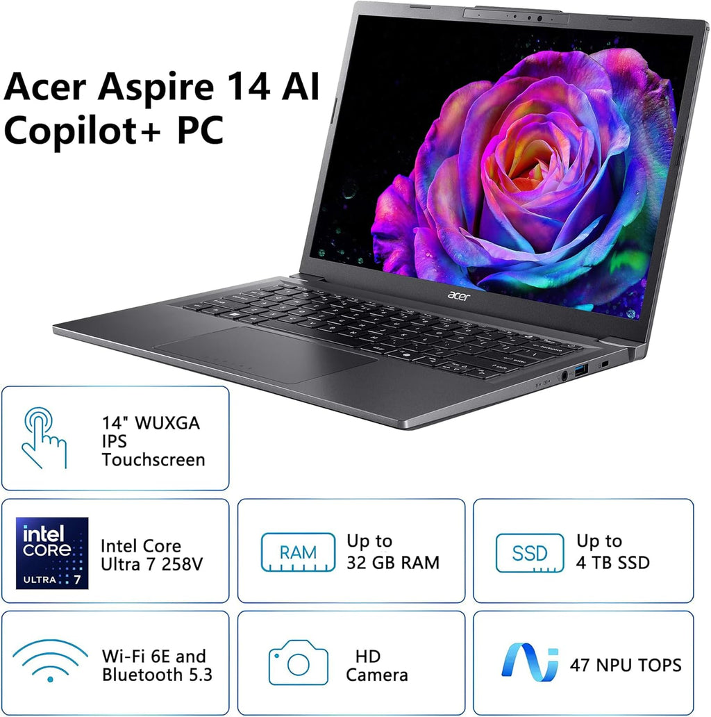 acer 2026 Aspire AI Laptop for Business & Creators| Intel Core Ultra 7 258V, 32GB, 1TB, 14" FHD Touchscreen, Backlit KB, USB-C HUB, Lifetime Office 365, Long Battery Life, Windows 11 H, Gray(Renewed)