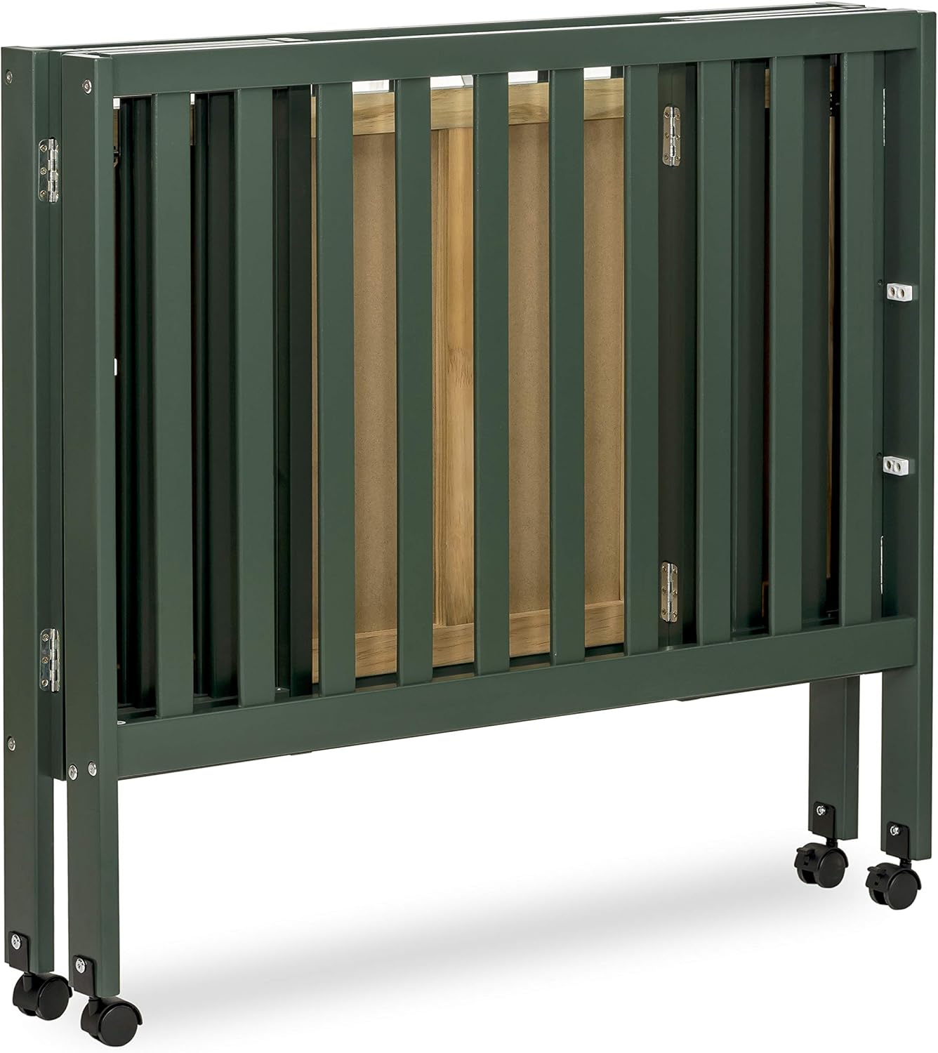 Dream On Me Jett Mini Folding Baby Crib in Olive, GreenGuard Gold & BSA, Lightweight & Portable, Patented Flat Folding System for Small Spaces & Travel, 1.5” Mattress Pad, 3 Heights, Safe Wheels