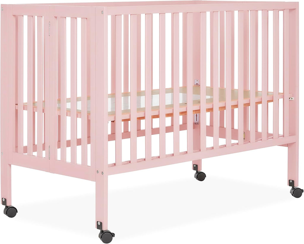 Dream On Me Quinn Full-Size Portable Baby Crib in Blush Pink, GreenGuard Gold & JPMA, Patented Quick Fold System, Adjustable Mattress Support, Smooth Wheels, Compact Design, Safe Sleep Assurance