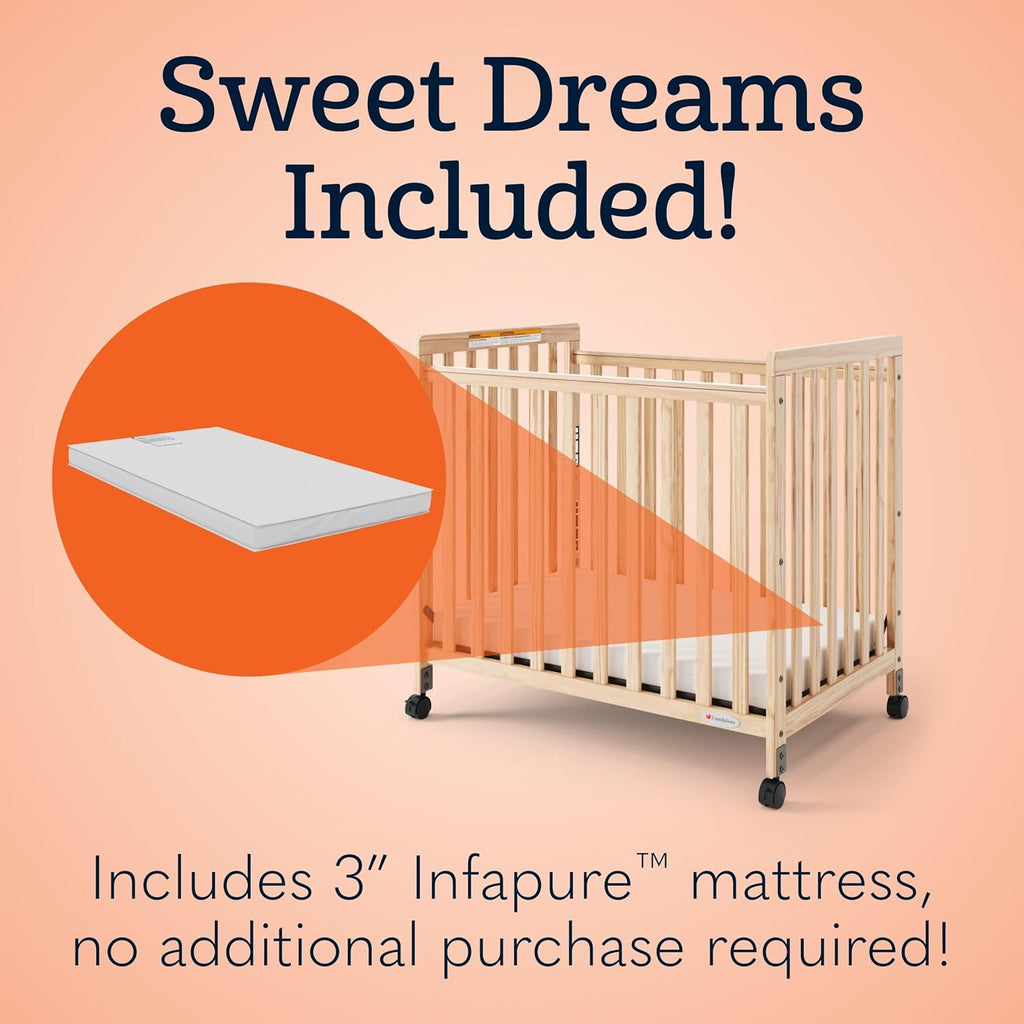Foundations SafetyCraft Compact Slatted Daycare Crib, Durable Wood Construction, Non-Marking Casters (2 Locking), Includes 3” InfaPure Foam Mattress, Natural