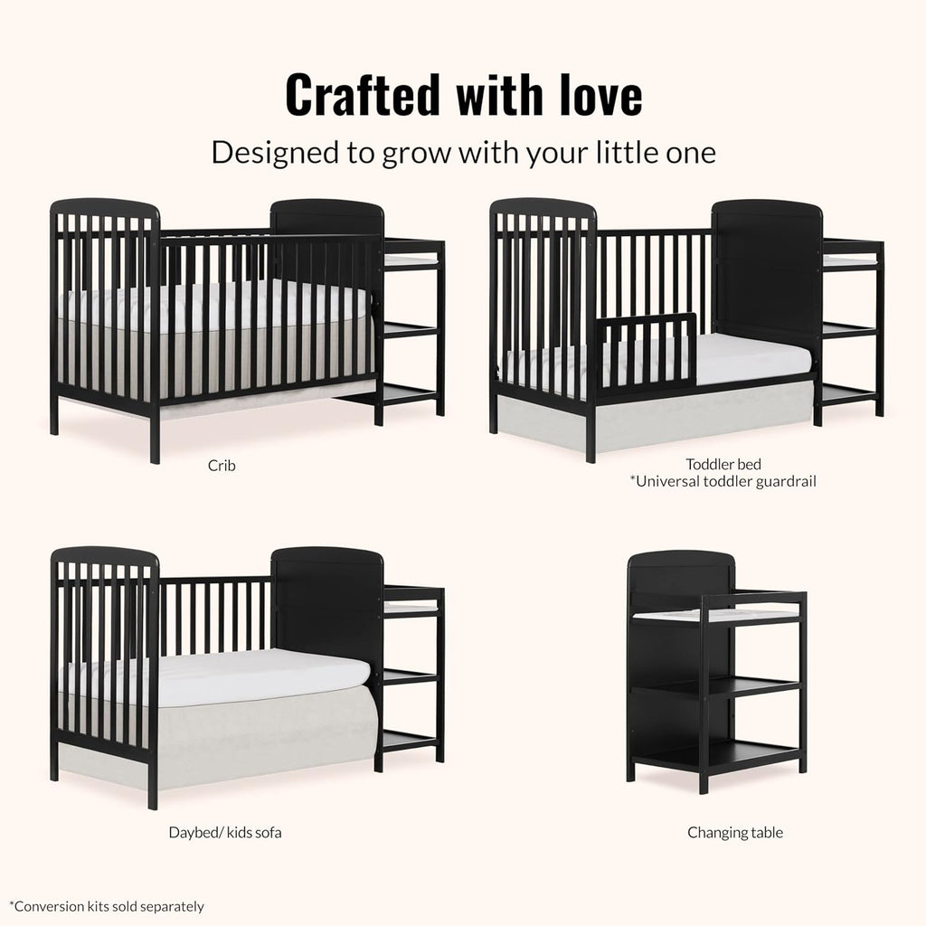 Dream On Me Anna 3-in-1 Convertible Full-Size Baby Crib & Changer with Storage in Black, GreenGuard Gold & BSA, Pinewood, Converts to Day & Toddler Bed, 3 Mattress Heights, 1″ Changing Pad