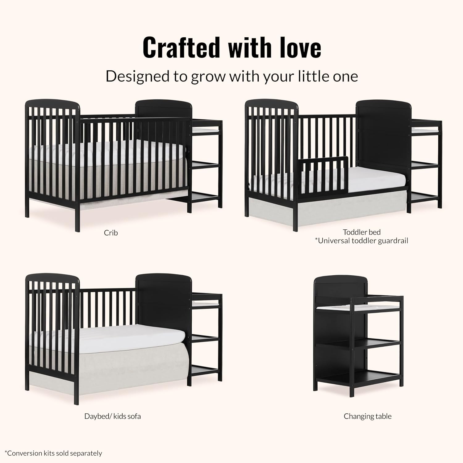 Dream On Me Anna 3-in-1 Convertible Full-Size Baby Crib & Changer with Storage in Black, GreenGuard Gold & BSA, Pinewood, Converts to Day & Toddler Bed, 3 Mattress Heights, 1″ Changing Pad