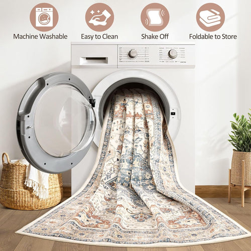 10x14 Area Rugs Living Room: Washable Boho Large Neutral Vintage Soft Rug Stain Resistant Distressed Farmhouse Non-Slip Indoor Floor Carpet for Bedroom Nursery Kids Office Dining Room- Beige Blue