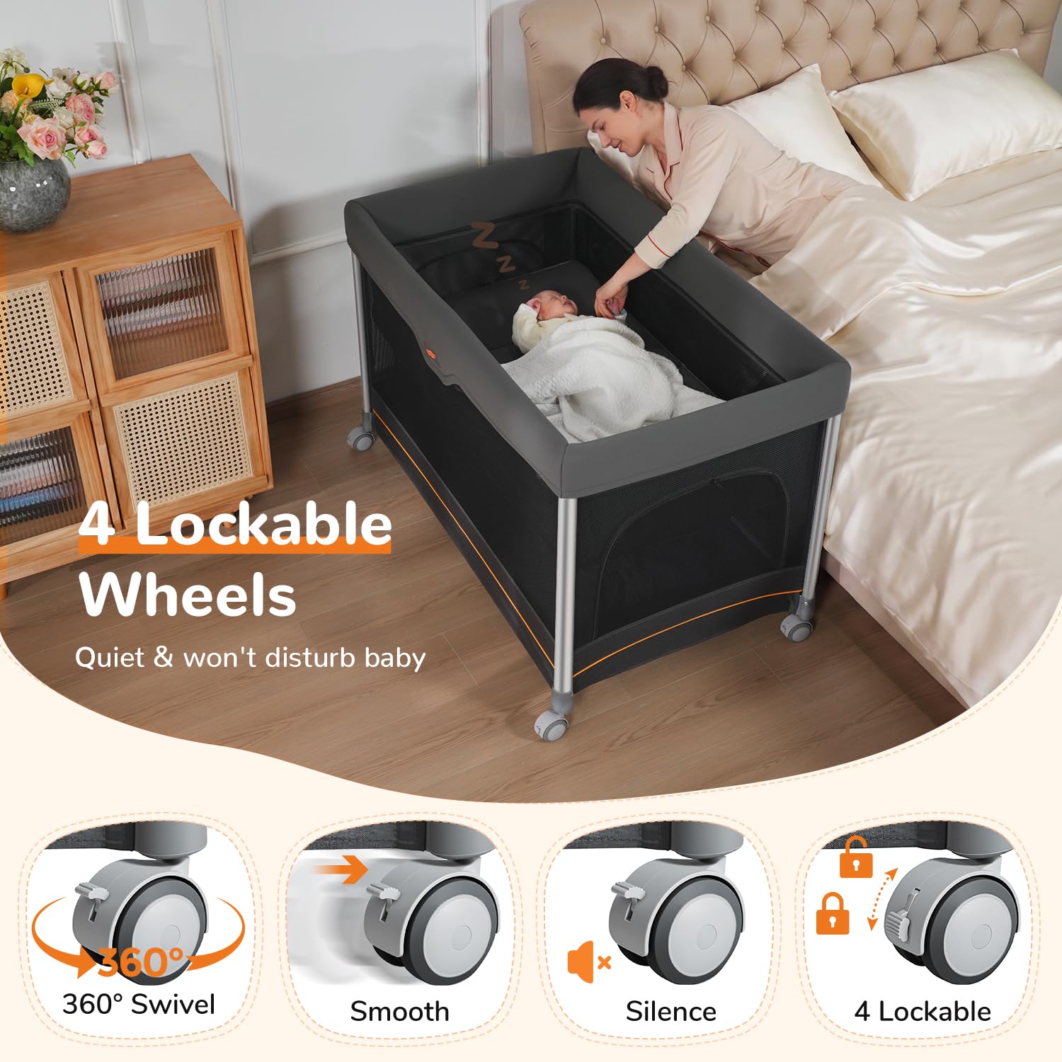 Pamo Babe 6-in-1 Pack and Play with Bassinet, Deluxe One-Step Setup Baby Bassinet with Changing Table, Sleeper Nest, Storage Bag, 4 Wheels Portable Crib Travel Playpen for Baby and Toddler (Gery)
