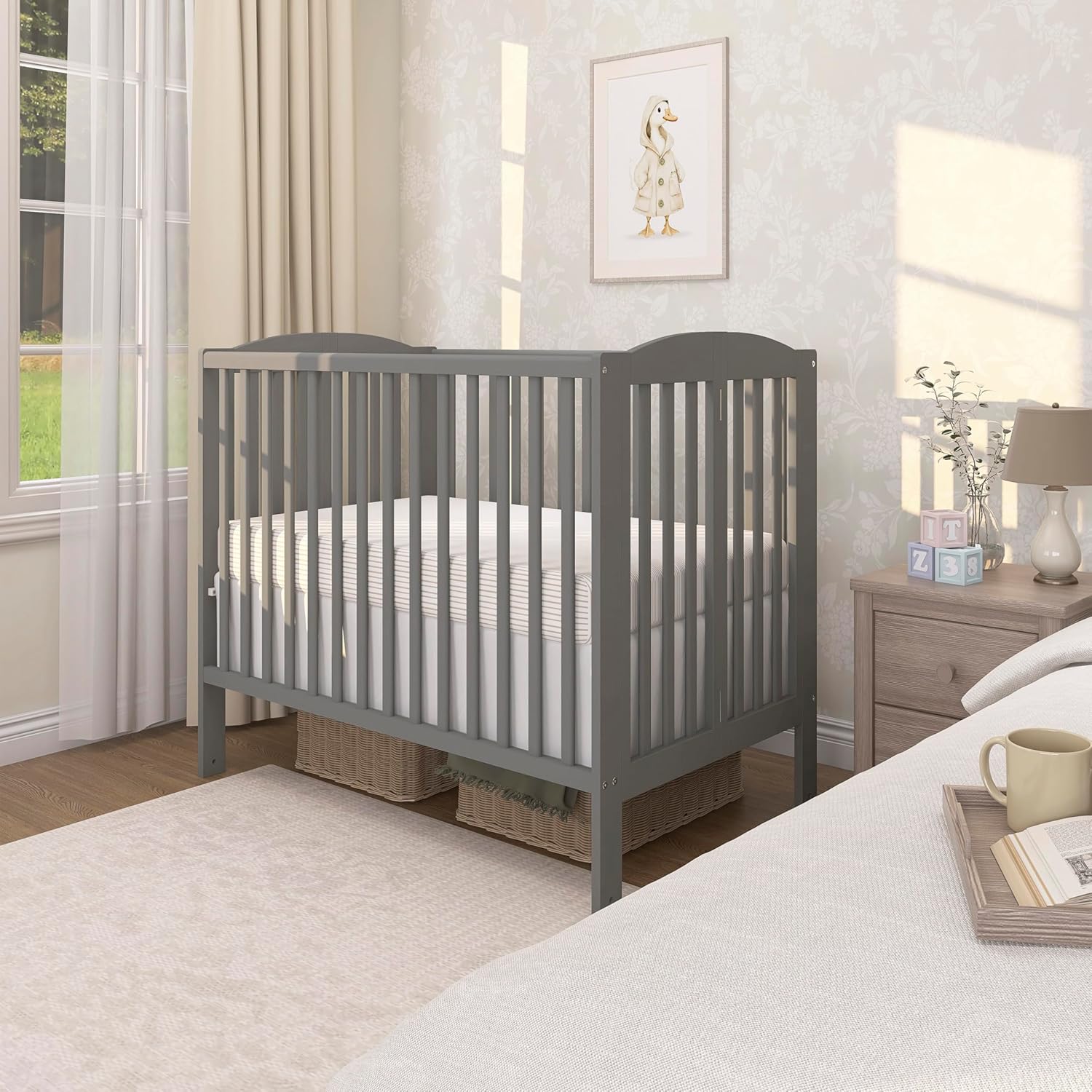 Dream On Me Full-Size 2-in-1 Folding Baby Crib in Steel Grey, GreenGuard Gold & JPMA, Portable, Patented Quick Folding System, Strong Wheels, 2 Adjustable Mattress Heights