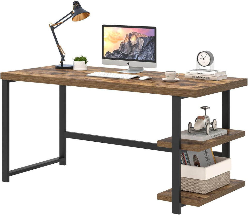 EXCEFUR Modern Computer Desk, Home Office Desk with Storage Shelf, Wood Study Writing Table Workstation for Bedroom Living Room, Rustic Brown, 53 Inch