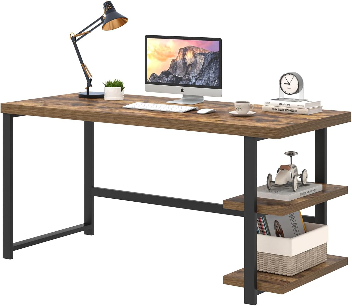 EXCEFUR Modern Computer Desk, Home Office Desk with Storage Shelf, Wood Study Writing Table Workstation for Bedroom Living Room, Rustic Brown, 53 Inch