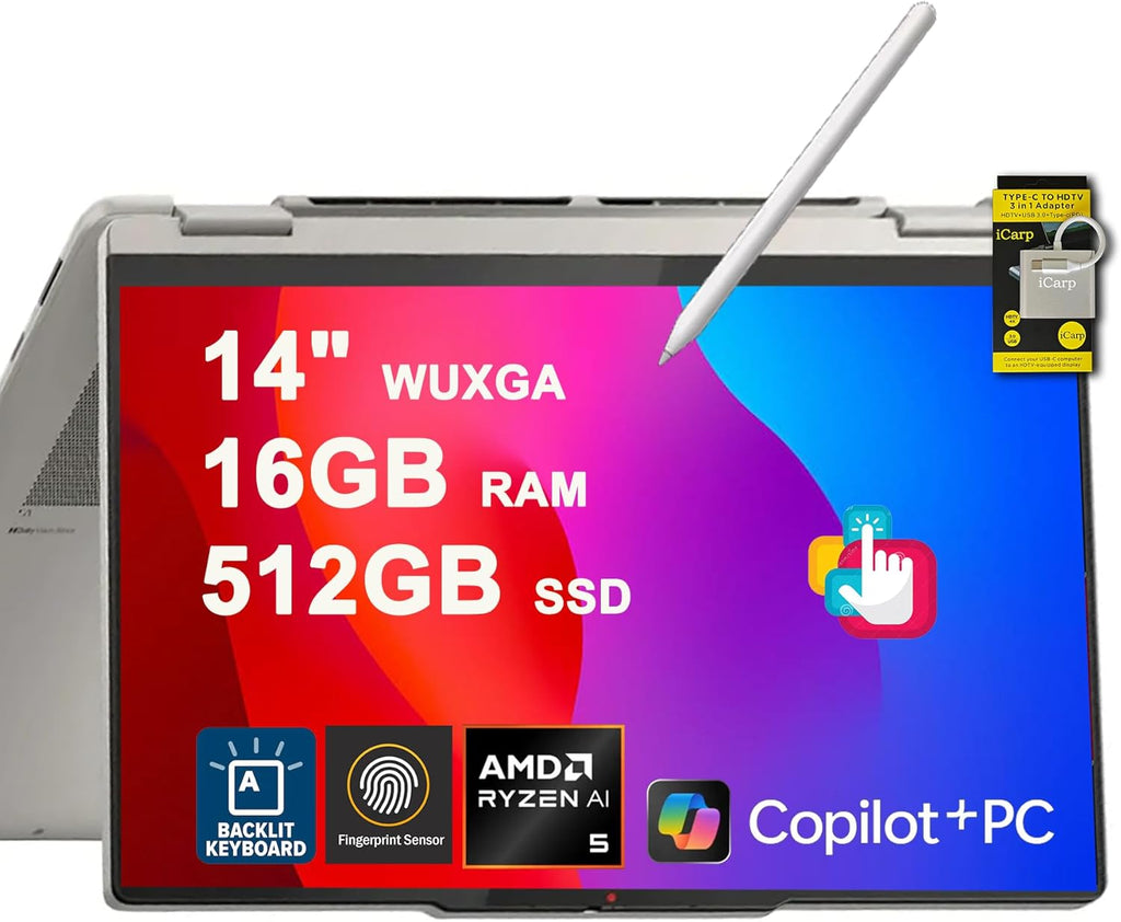 Lenovo Yoga 7 2-in-1 Laptop 14" WUXGA OLED Touch (100% DCI-P3, 600nits HDR) AMD 6-core Ryzen AI 5 340 (Up to 50 Tops) 16GB RAM 512GB SSD w/Pen for Creator Business Work Win11 ICP Hub
