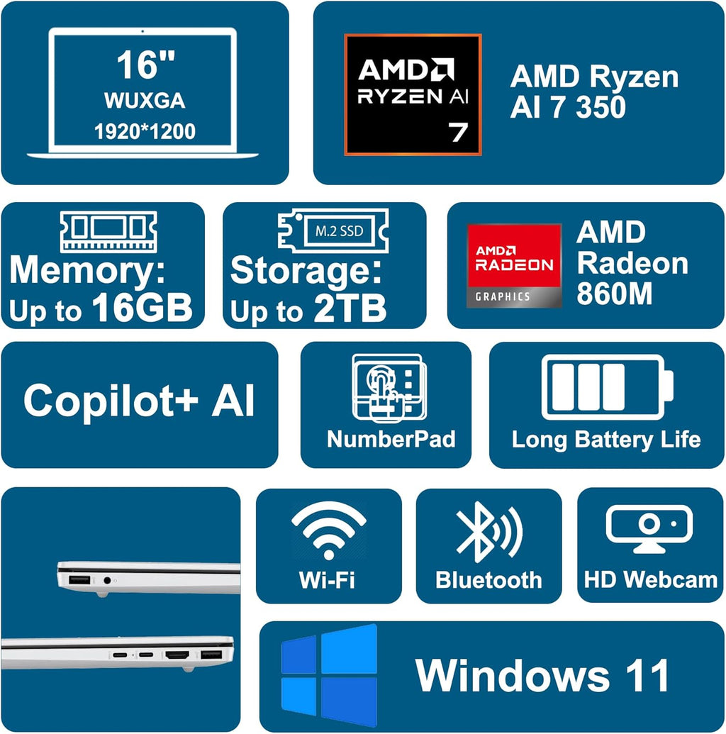 HP OmniBook 5 AI PC Laptop 16" WUXGA IPS Touch AMD Octa-core Ryzen AI 7 350 (Up to 50 Tops) 16GB RAM 1TB SSD for Creator Designer Business Professional Backlit Wi-Fi6 Win11 ICP Hub