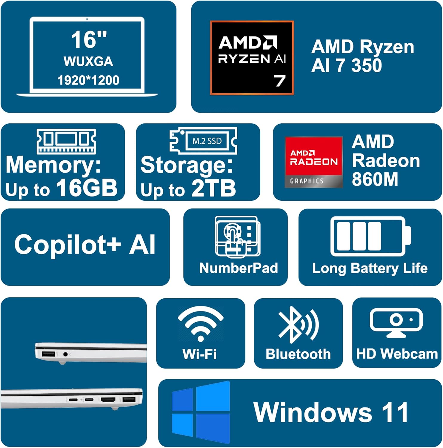 HP OmniBook 5 AI PC Laptop 16" WUXGA IPS Touch AMD Octa-core Ryzen AI 7 350 (Up to 50 Tops) 16GB RAM 1TB SSD for Creator Designer Business Professional Backlit Wi-Fi6 Win11 ICP Hub