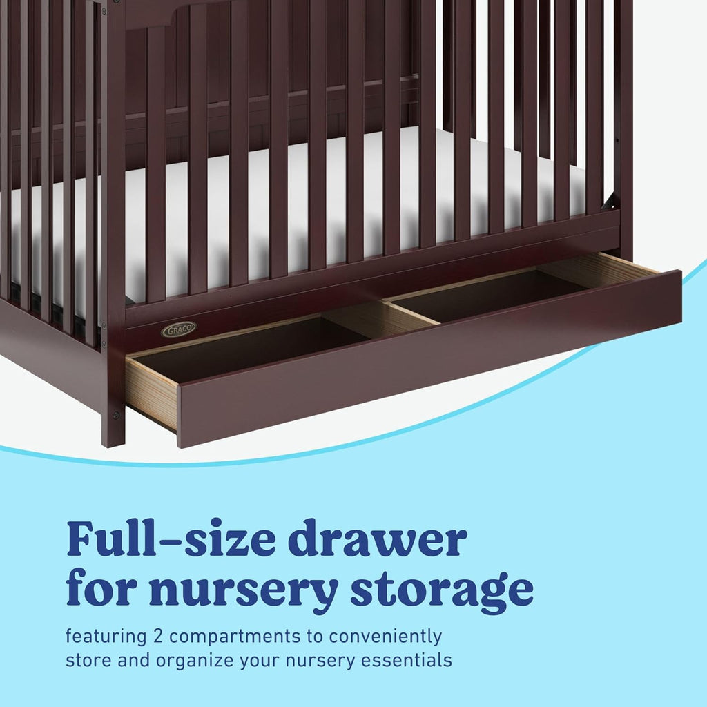 Graco Hadley 5-in-1 Convertible Crib with Drawer – GREENGUARD Gold Certified, Fits Standard Crib Mattress, Converts to Toddler Bed, Daybed and Full Bed, 4 Adjustable Mattress Heights (Espresso)