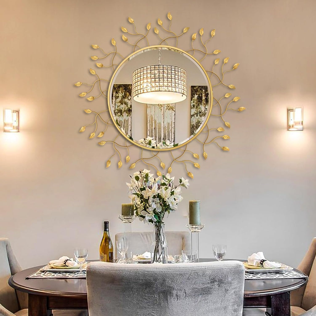 Chende 39" x 39" Gold Decorative Wall Mirror, Large Round Mirror with Metal Leaves, Gold Frame for Living Room, Entrance, Dining Room, Bedroom
