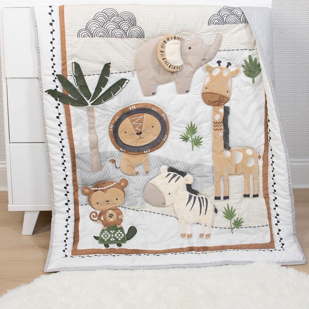 The Peanutshell 4 Piece Organic Cotton Baby Crib Bedding Set for Boys & Girls - Newborn, Infant & Toddler Nursery Bed Set Decor with Two Crib Sheets, Dust Ruffle Comforter - Safari Serenity