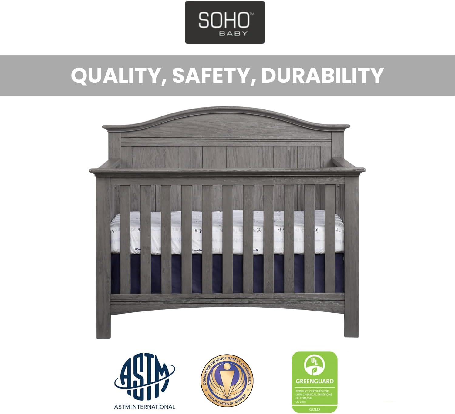 Soho Baby Chandler Premium 4-in-1 Convertible Crib, Graphite Gray, GreenGuard Gold Certified