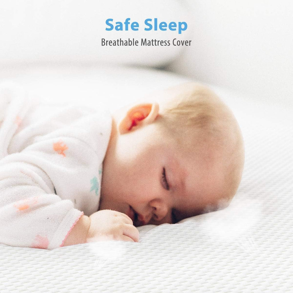 Dourxi Crib Mattress, Dual Sided Comfort Memory Foam Toddler Bed Mattress, Triple-Layer Breathable Premium Baby Mattresses for Infant and Toddler w/Removable Outer Cover - White&Blue