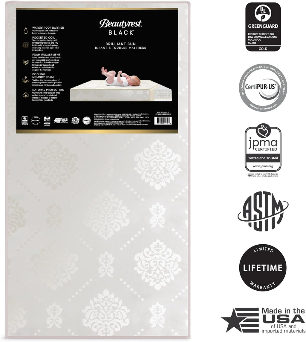Beautyrest Beginnings Black Brilliant Sun 2-Stage Premium Crib and Toddler Mattress with Plant-Based Soy Foam and Gel Memory Foam