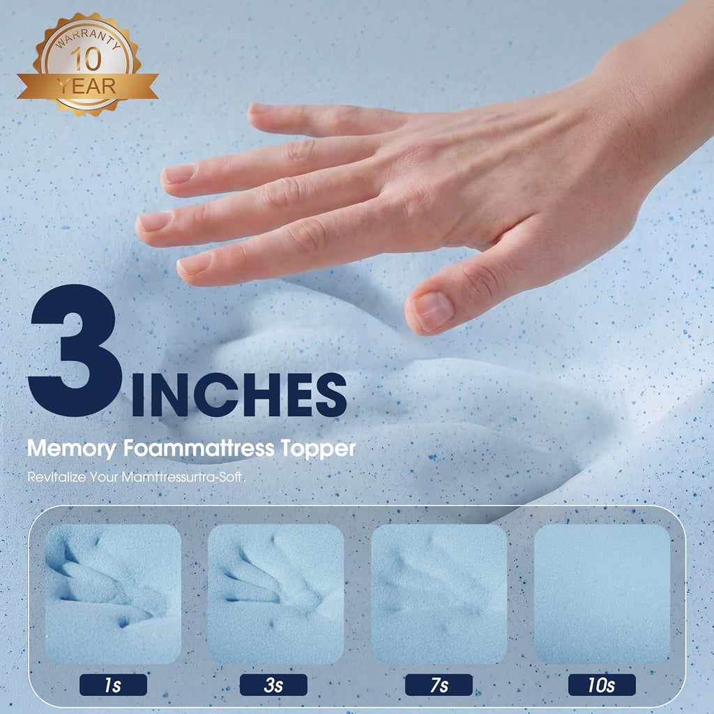 VALUXE 3 Inch Gel Memory Foam Mattress Topper Full Size High Density Cooling Pad Pressure Relief Bed Topper (with Removable & Washable Bamboo Cover)