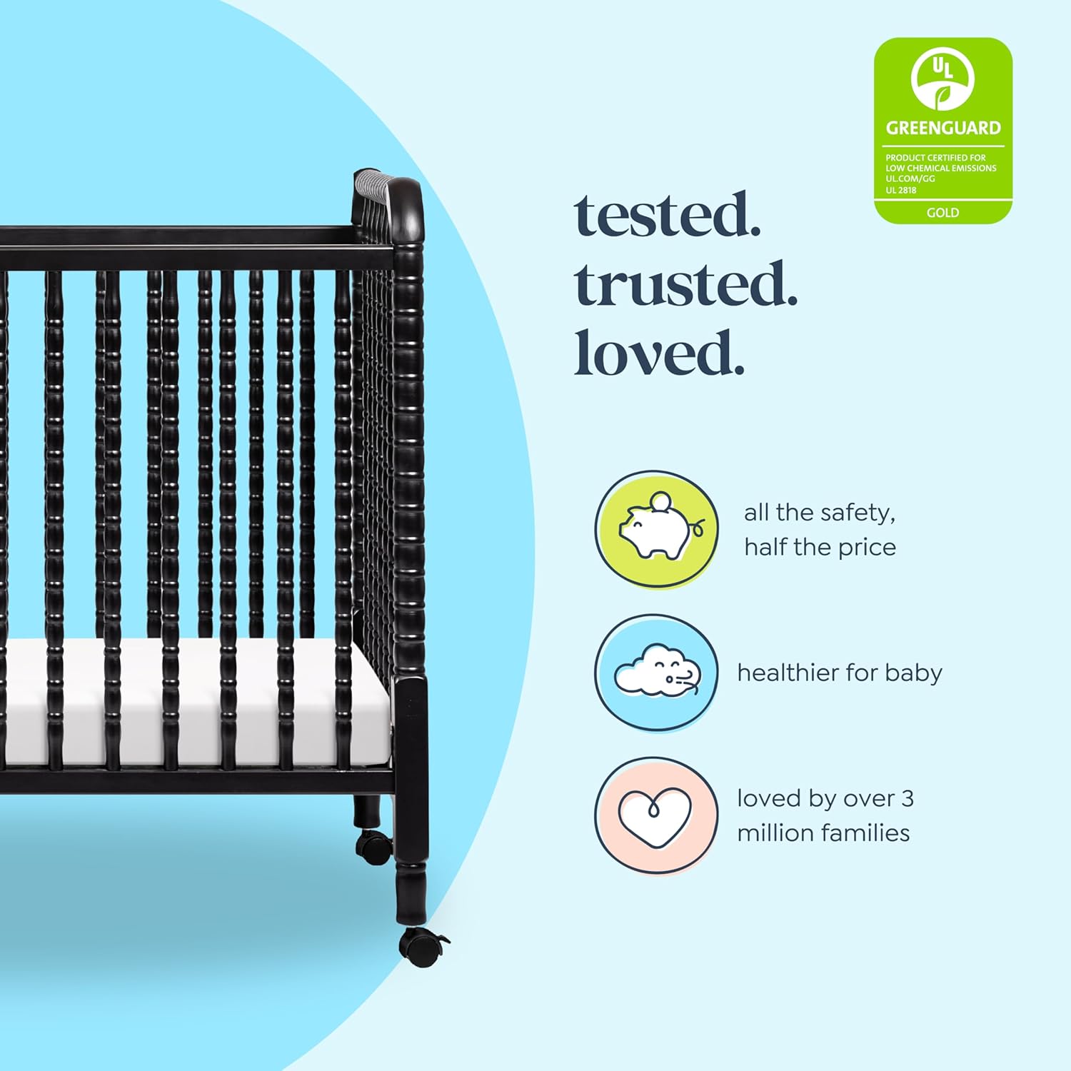 Davinci Jenny Lind 3-in-1 Convertible Mini Crib in Ebony, Removable Wheels, Greenguard Gold Certified