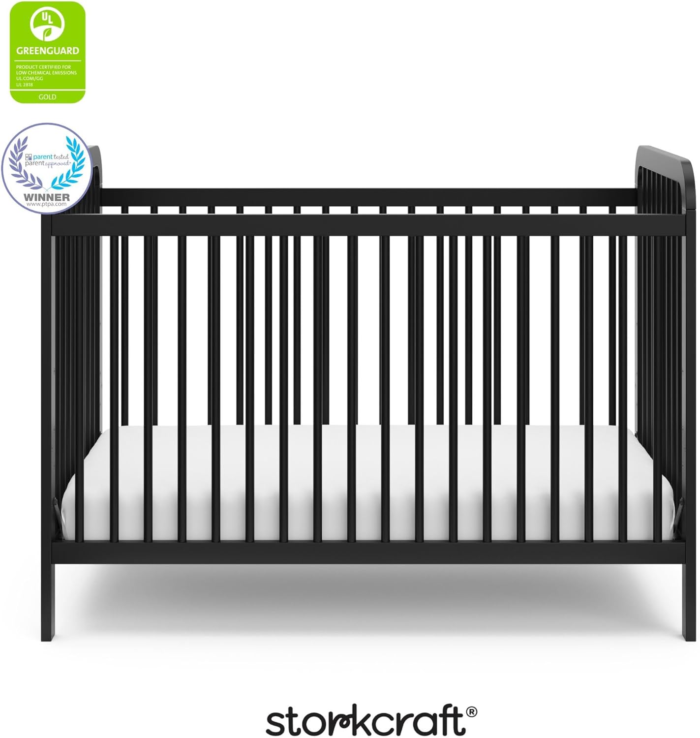Storkcraft Pasadena 3-in-1 Convertible Crib – GREENGUARD Gold Certified, 100% Solid Wood, Fits Standard Crib Mattress, Converts to Toddler Bed and Daybed, 4 Mattress Heights (Black)