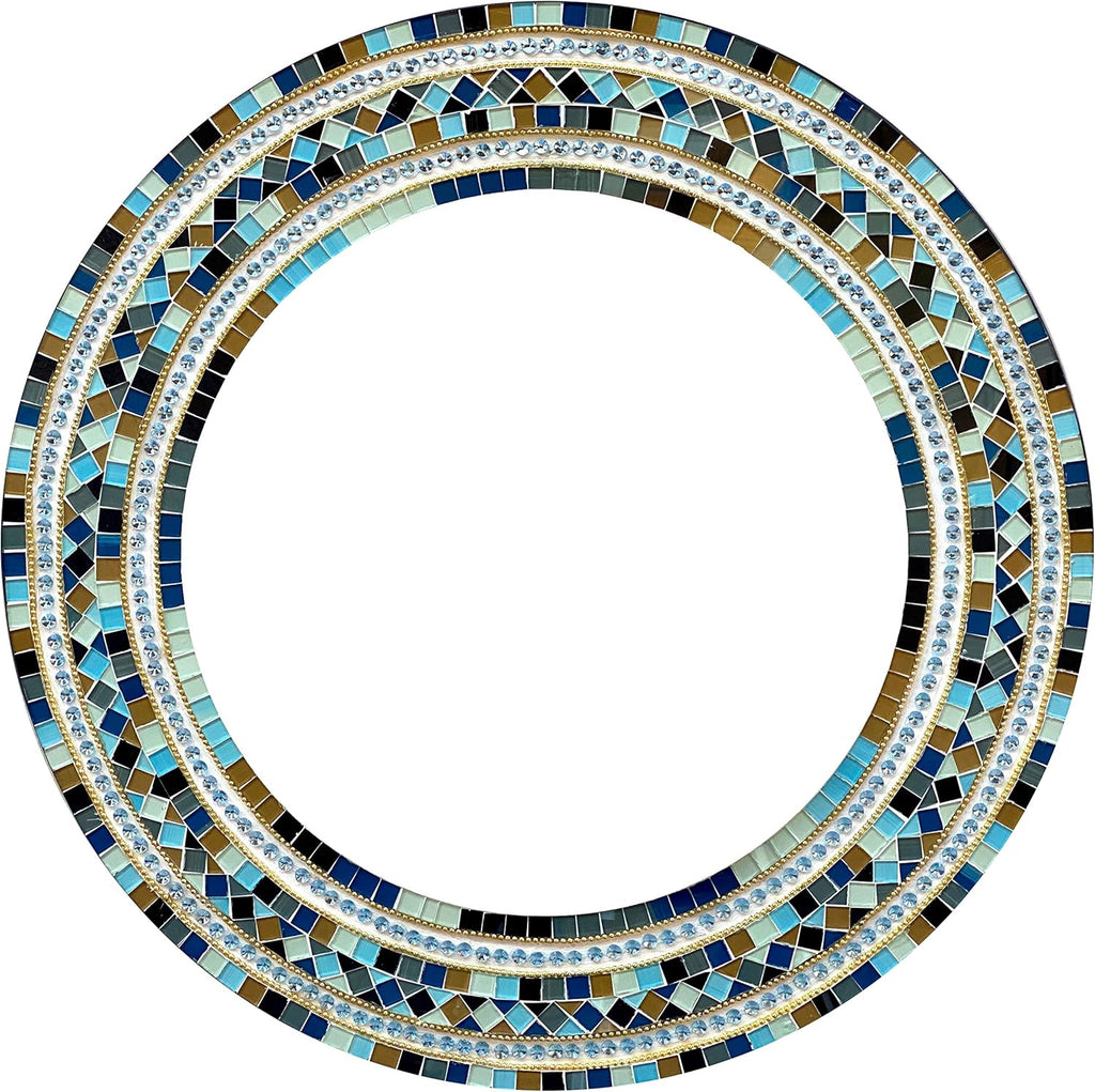 Wall Art Décor – Handcrafted Decorative Wall Mirror, Light and Navy Blue, Brown, Gray, and Black Round Mosaic, 24” Round Mirror for Hallway, Bedroom, Bathroom, Living Room