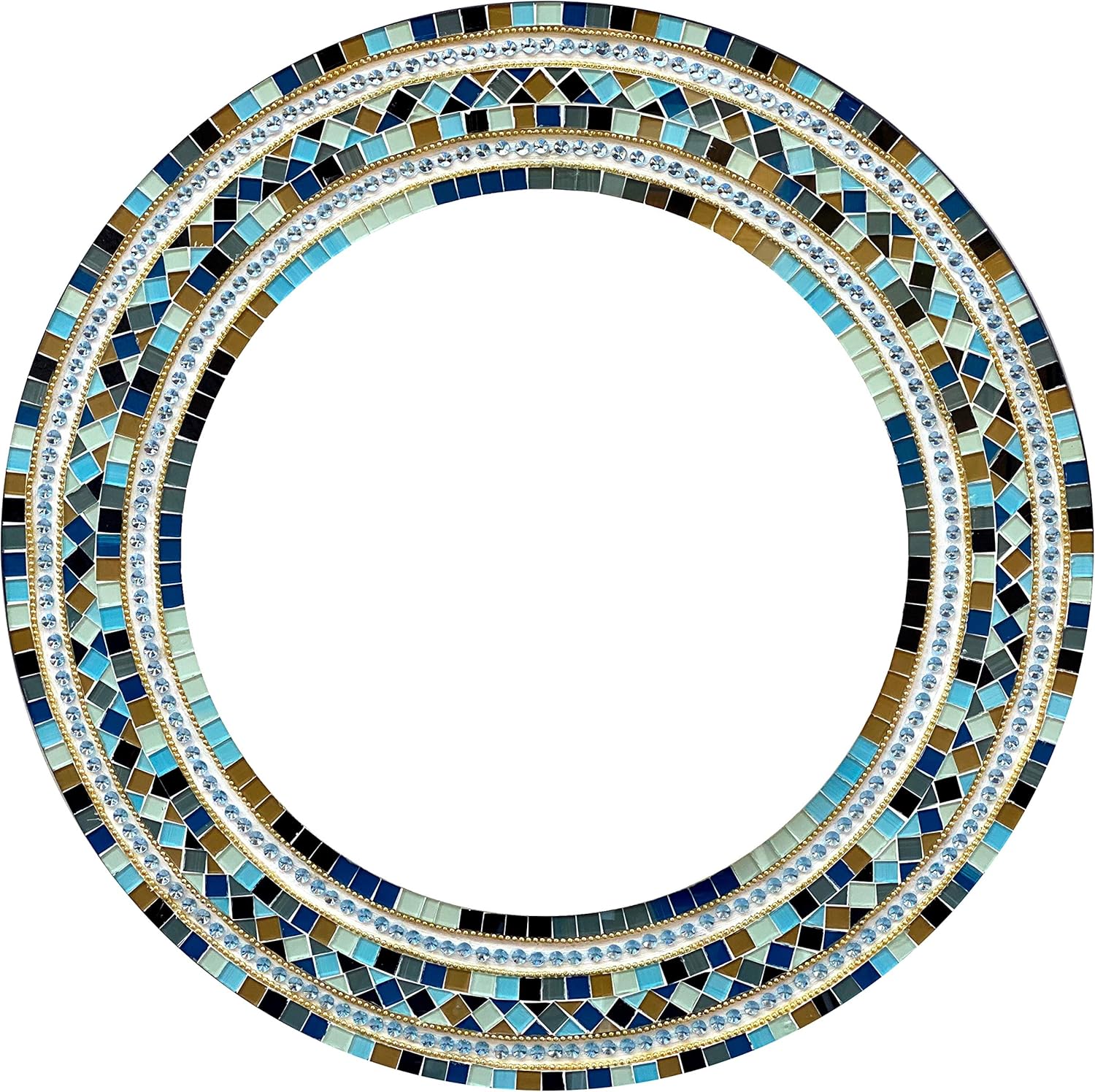 Wall Art Décor – Handcrafted Decorative Wall Mirror, Light and Navy Blue, Brown, Gray, and Black Round Mosaic, 24” Round Mirror for Hallway, Bedroom, Bathroom, Living Room
