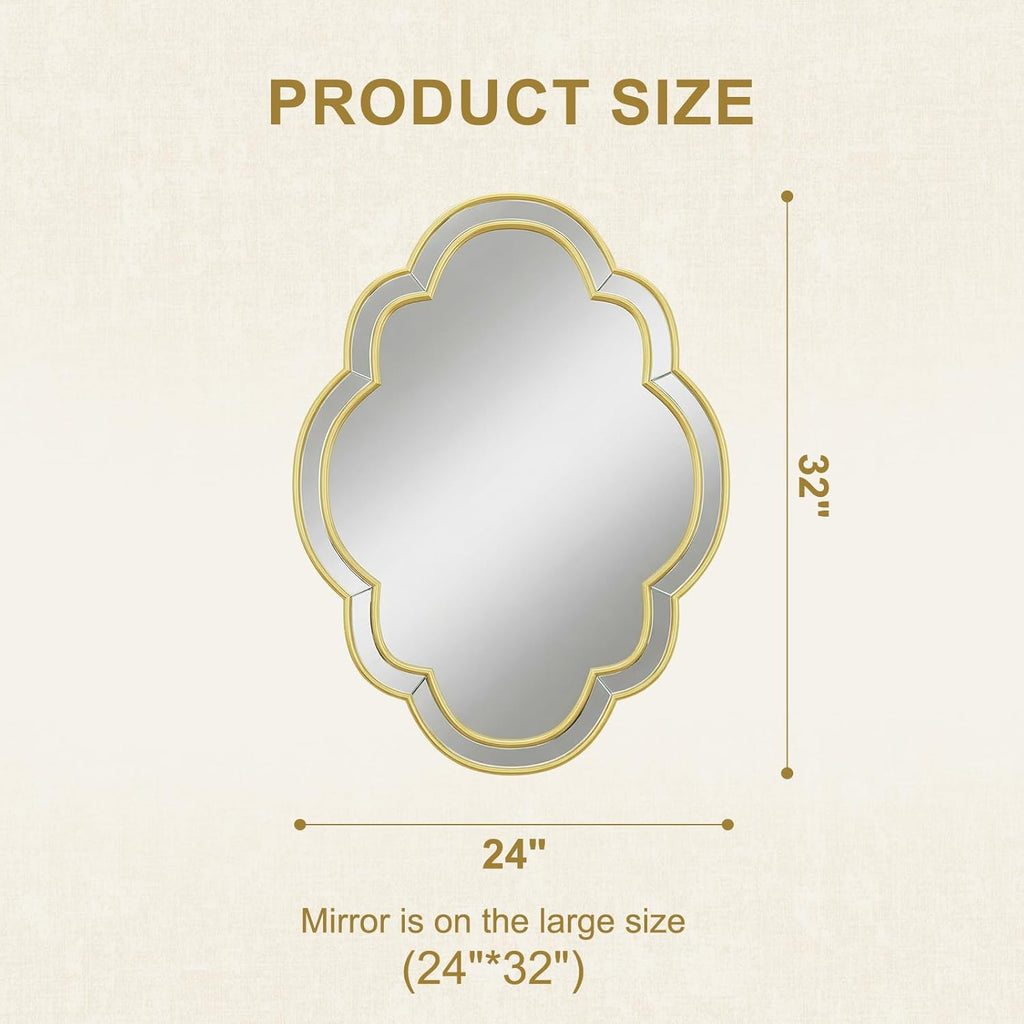 CozyDH Gold Scalloped Wall Mirror Decor - 32"x24" Decorative Wavy Mirror Large, Decorative Wall Art for Bathroom Entryway Fireplace Living Room Bedroom Hallway