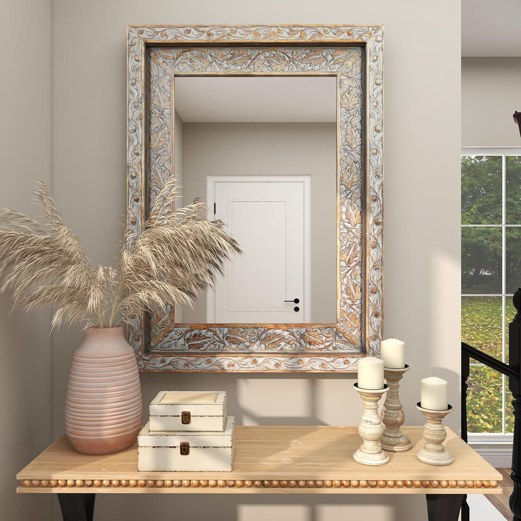 Deco 79 Wood Floral Handmade Room Wall Mirror Intricately Carved Entryway Mirror, Wall Mounted Mirror 36" x 3" x 48", Gray