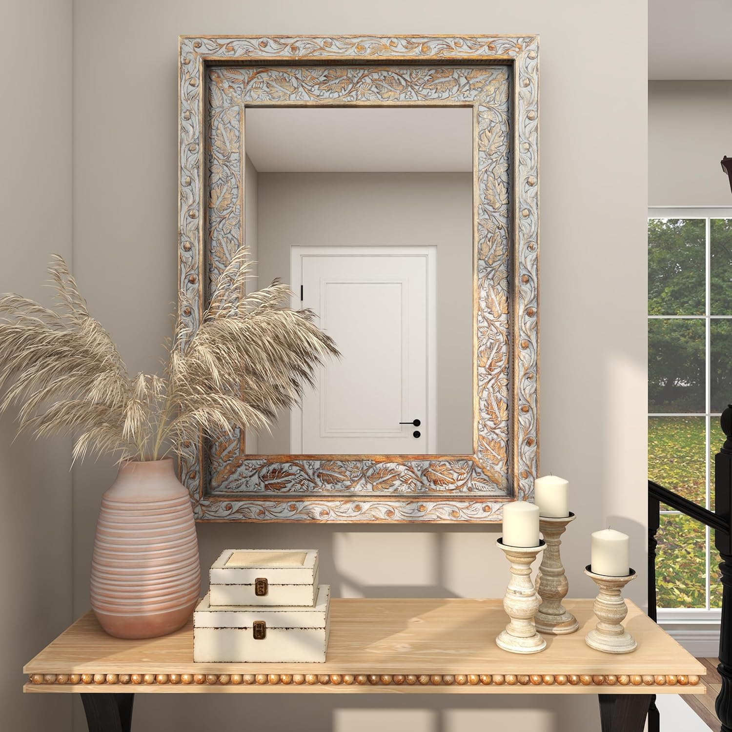 Deco 79 Wood Floral Handmade Room Wall Mirror Intricately Carved Entryway Mirror, Wall Mounted Mirror 36" x 3" x 48", Gray