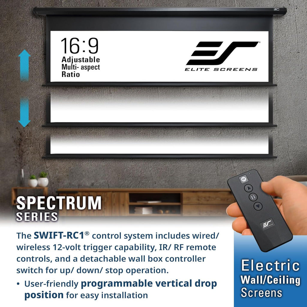 Elite Screens Spectrum RC1 Remote, 125-INCH Diag 16:9, Motorized Projection Screen Movie Home Theater 4K/8K Ultra HD Ready Drop Down, ELECTRIC125H2, Black Case