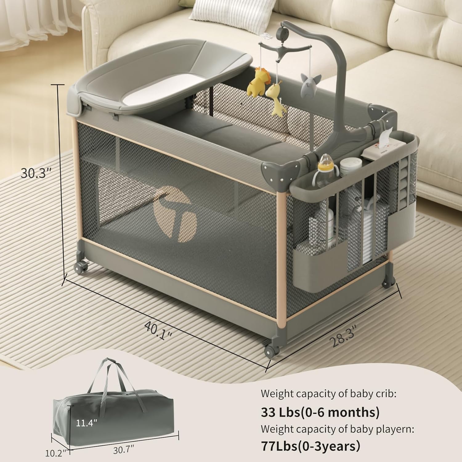 4-in-1 Pack and Play, Baby Bassinet Bedside Sleeper, Baby Playard, Bedside Crib with Changing Table, Folding Travel Crib with Musical Toy Rack&Bag, 4-Height Adjust, Newborn-Toddler(Olive Drab)