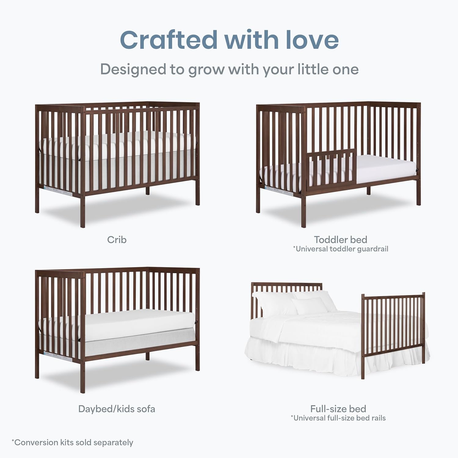 Dream On Me Synergy 5 in 1 Convertible Crib in Smokey Oak, Greenguard Gold and JPMA Certified, Converts from A Baby Crib to A Toddler Bed, A Daybed and Full-Size Bed