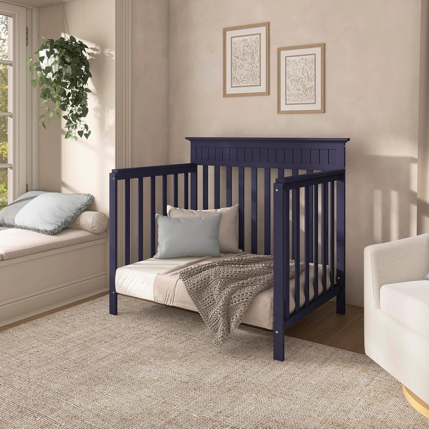 Dream On Me Harbor 4‑in‑1 Convertible Mini Baby Crib in Navy, GreenGuard Gold & BSA, Non-Toxic, Pinewood, Converts to Mini Daybed & Twin Bed, 1″ Mattress Pad, Perfect for Small Nurseries