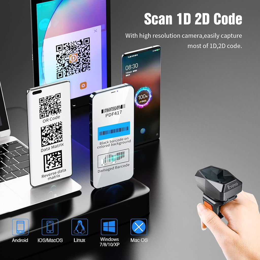 Eyoyo 2D Bluetooth Ring Barcode Scanner,Wearable Wrist Finger Wireless Scanner, Left/Right-Hand Operation,1D QR PDF417 Data Matrix Reader Compatible with iPhone, Android, Windows,Mac OS