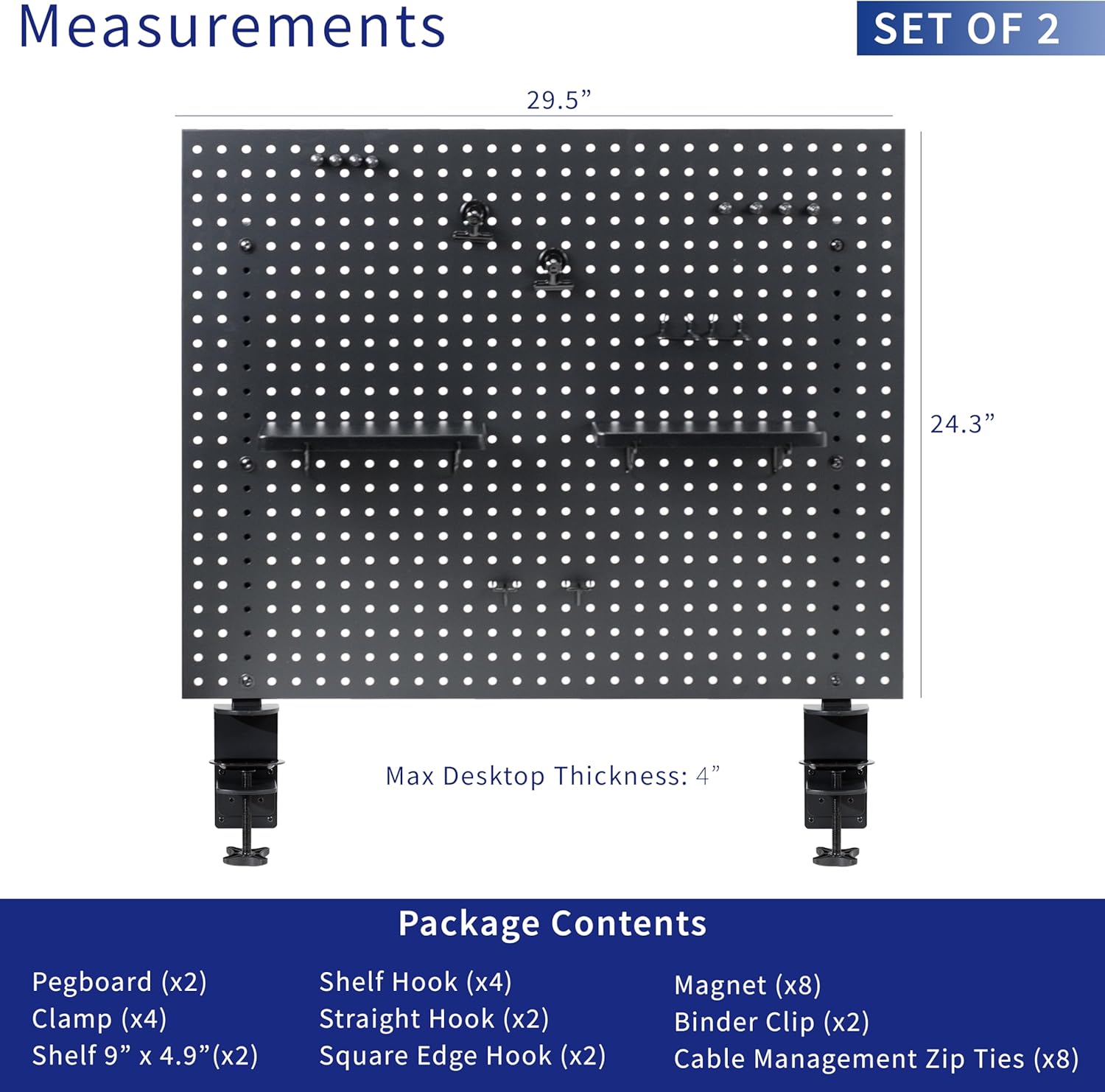 VIVO Steel Clamp-on Desk Pegboard, 60 x 24 inch Privacy Panel, Magnetic Peg Board, Office Accessory Organizer, Above or Below Desk Placement, Black, PP-DK30B-2