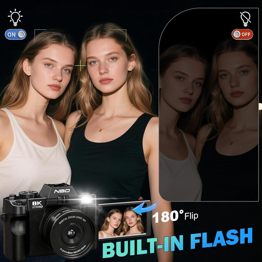True 8K Digital Cameras for Photography 64MP - WiFi, Wide-Angle & Macro Lens, 16X Zoom Autofocus, 3" 180° Flip Screen, 64GB Card, Vlogging Camera for YouTube Travel(Black)