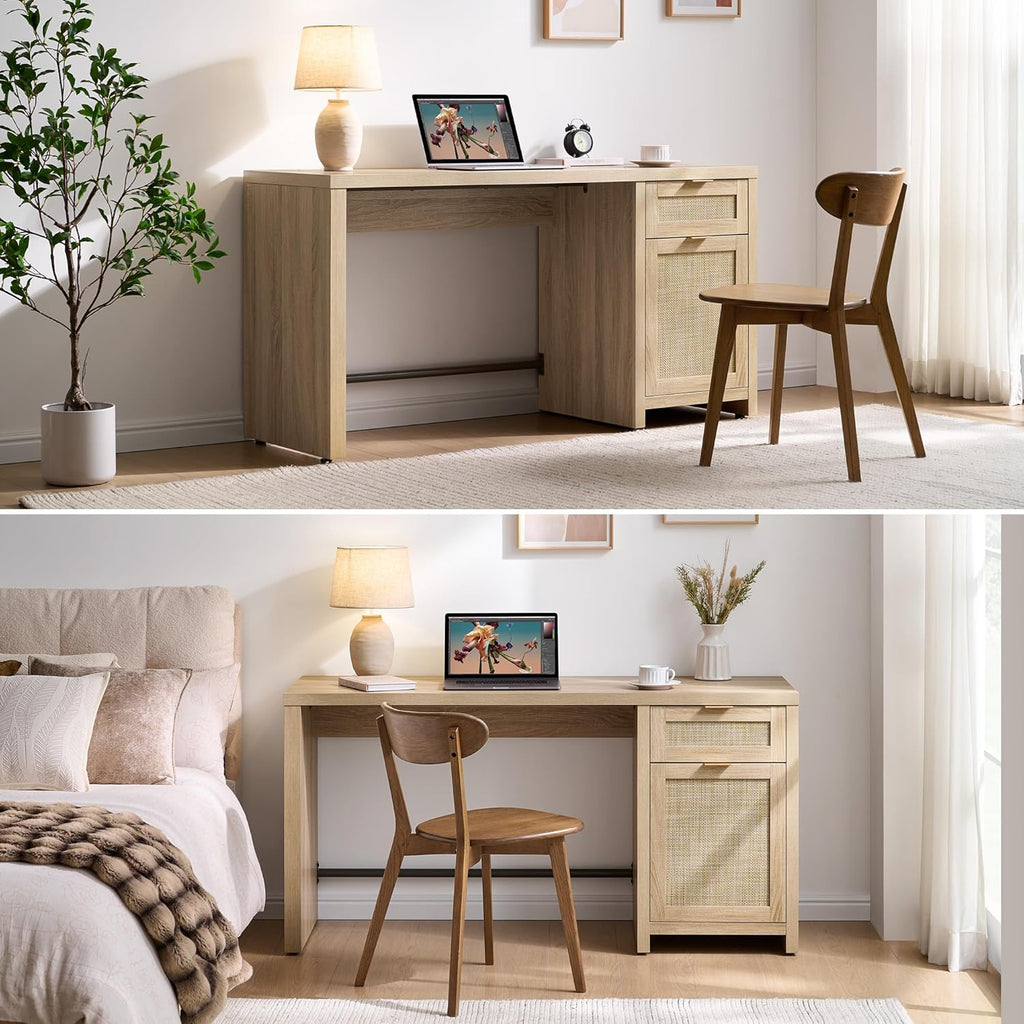 SICOTAS Rattan Home Office Desk with Drawer, 59" Farmhouse Boho Executive Desk with Storage Cabinet, Large Computer Writing Table Vanity Desk for Office, Study, Living Room, Light Oak