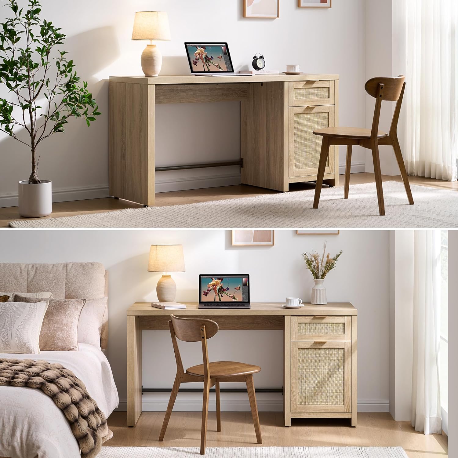 SICOTAS Rattan Home Office Desk with Drawer, 59" Farmhouse Boho Executive Desk with Storage Cabinet, Large Computer Writing Table Vanity Desk for Office, Study, Living Room, Light Oak