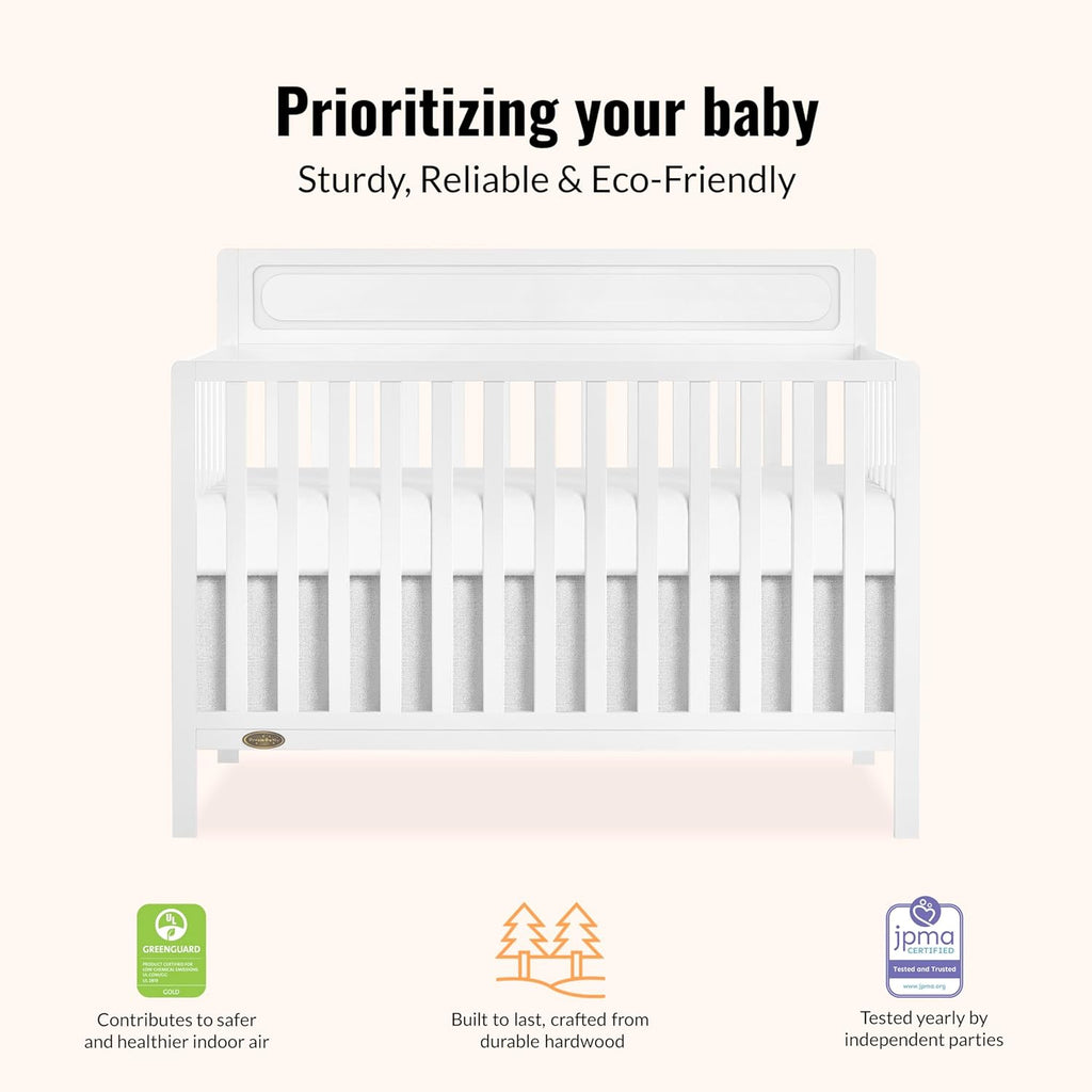 Dream On Me Avery 5-in-1 Convertible Full-Size Baby Crib in White, Converts to Toddler Bed, Daybed & Full-Size Bed, 3 Adjustable Mattress Heights, Greenguard Gold & BSA Certified