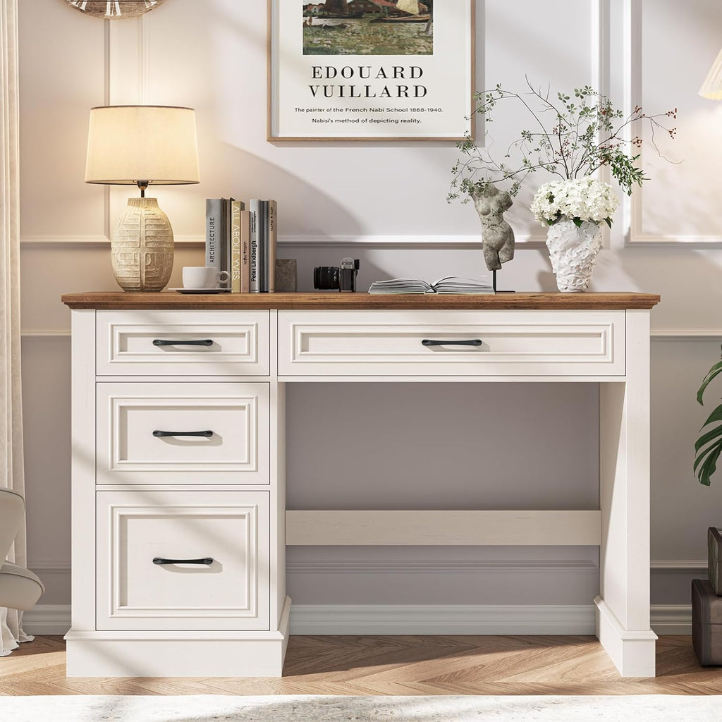 Vabches Farmhouse 47" Executive Desk with 3 Drawers and Adjustable File Drawer, Workstation Computer Desk for Home Office, Study, Unique White.