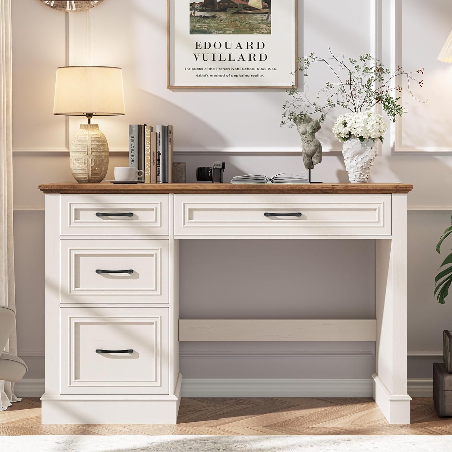 Vabches Farmhouse 47" Executive Desk with 3 Drawers and Adjustable File Drawer, Workstation Computer Desk for Home Office, Study, Unique White.