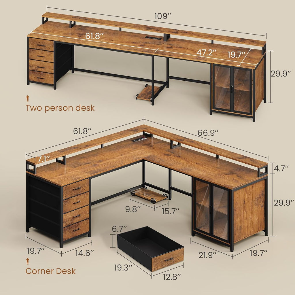 SEDETA L Shaped Gaming Desk with 4 Drawers, 109” Computer Desk with Display Cabinet, Home Office Desks with 2 Monitor Stands, CPU Stand, LED Lights and Power Outlet, Rustic Brown